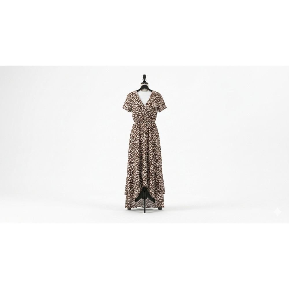 1.STATE Leopard Print‎ Maxi Dress Brown Smocked Mock Neck Short Sleeve Small